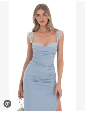Lucy in the Sky suede draped lace maxi Powder blue dress M